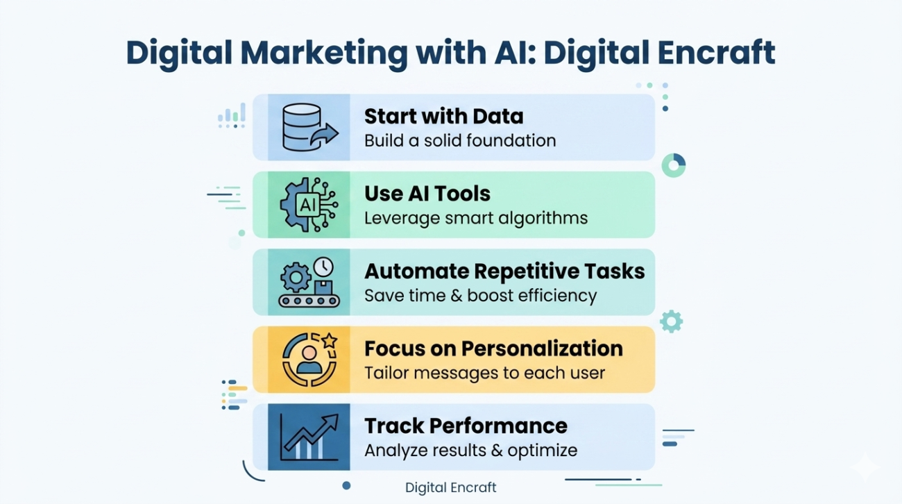 Digital Encraft Digital Marketing with AI infographic showing the top 5 steps: Start with Data, Use AI Tools, Automate Repetitive Tasks, Focus on Personalization, and Track Performance.