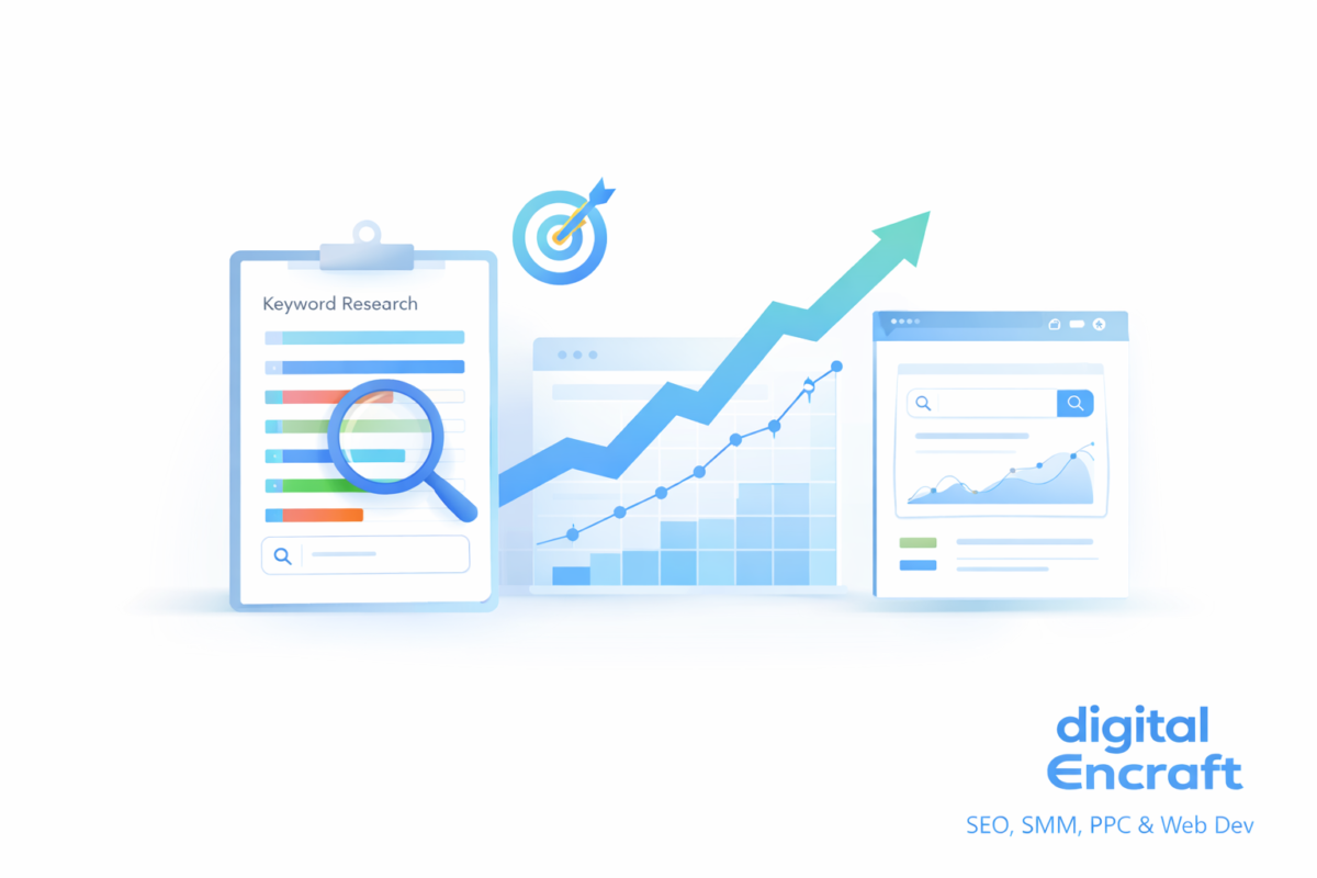 SEO strategy illustration with keyword research, growth chart