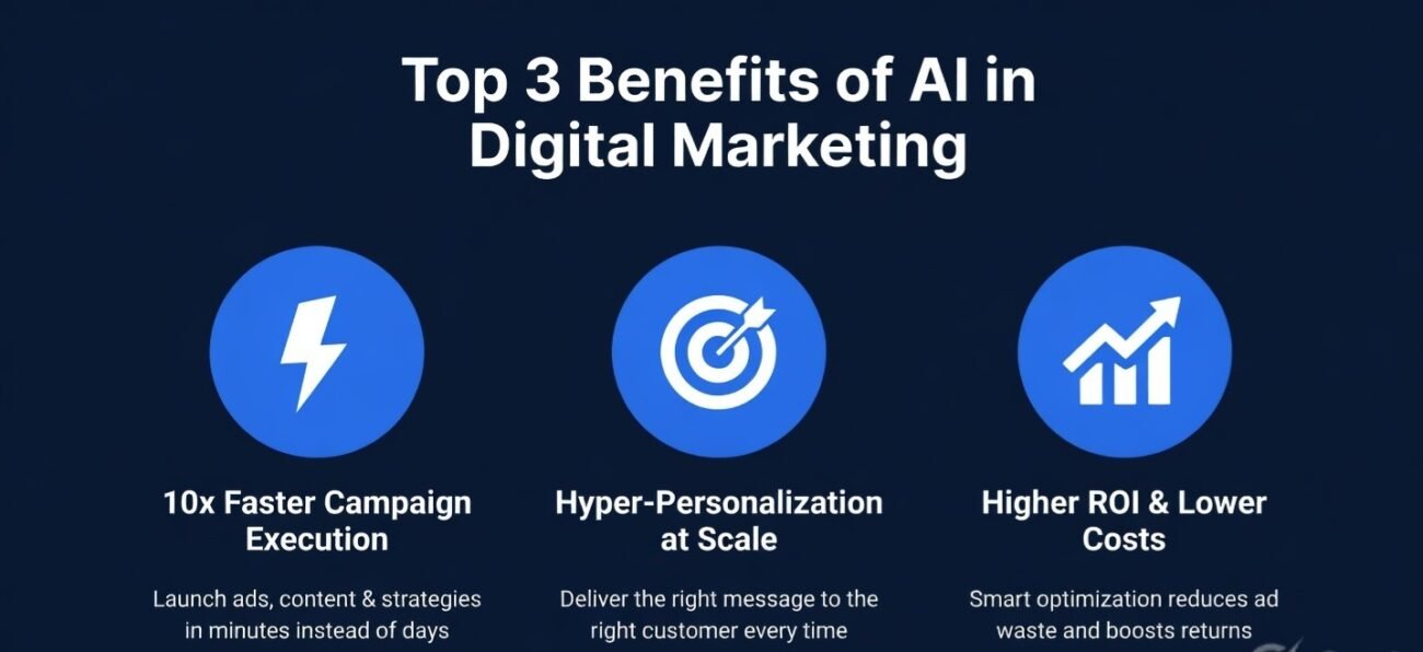 "Top 3 Benefits of AI in Digital Marketing - Faster campaign execution, hyper-personalization at scale, and higher ROI with lower costs. Infographic by Digital Encraft"