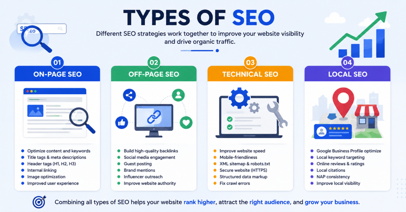 Type of SEOON Page, Off Page, technical and Local SEO - Digital Encrfat